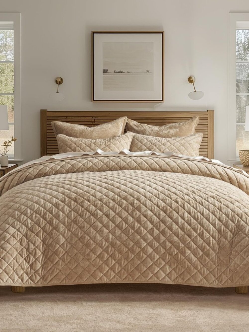 Oversized Luxury Velvet Diamond Quilted Set, Queen, Beige Taupe